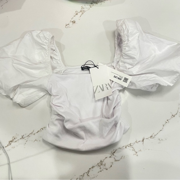 Zara Bright White Puffy Short Sleeve Crop Top. NWT. Small. - Picture 6 of 8
